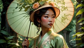 a woman with a hat and umbrella